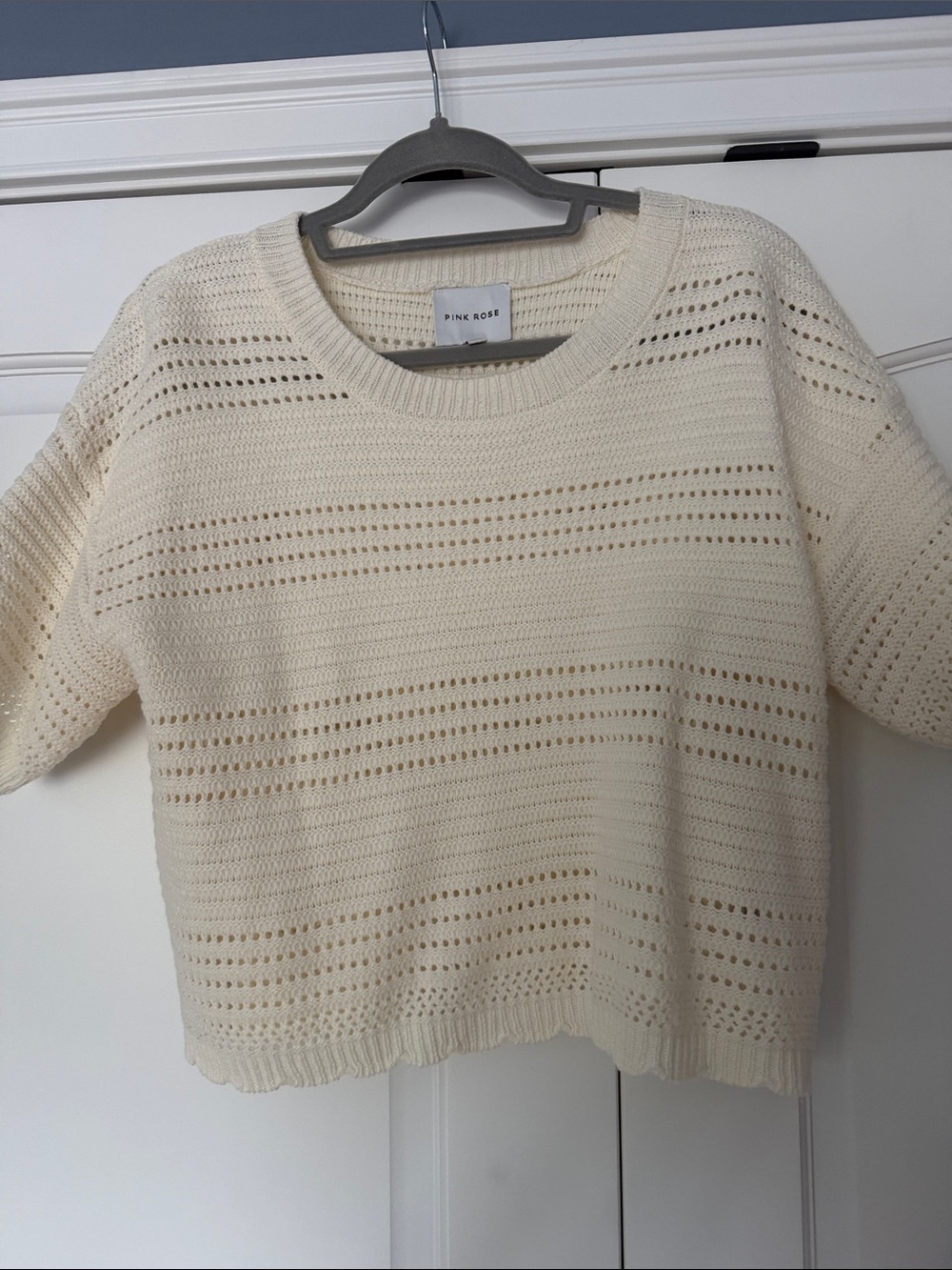 Pink Rose Cream Open-Weave Crewneck Sweater